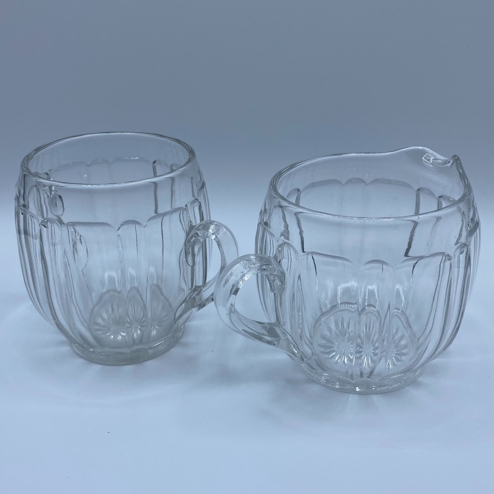 Vintage Clear Glass Sugar Bowl and‎ Creamer Bulbous Barrel Style